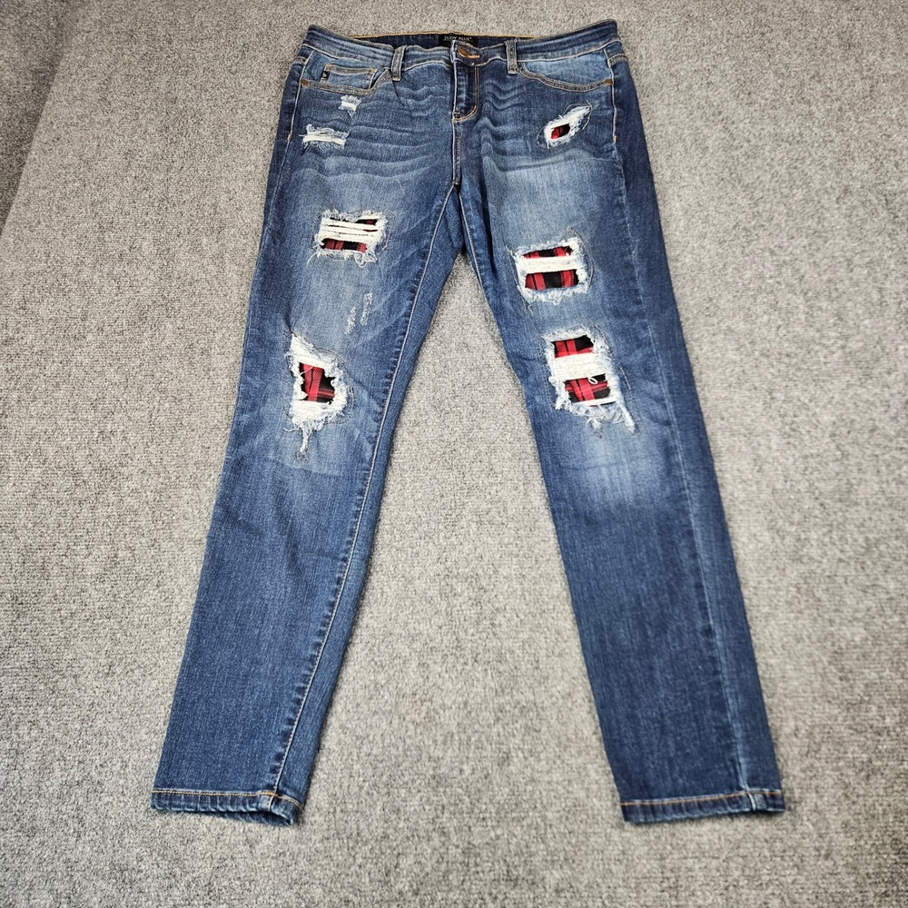 Judy Blue Skinny Fit Distressed‎ Plaid Patch Jeans Medium Wash JB8268DK 15/32